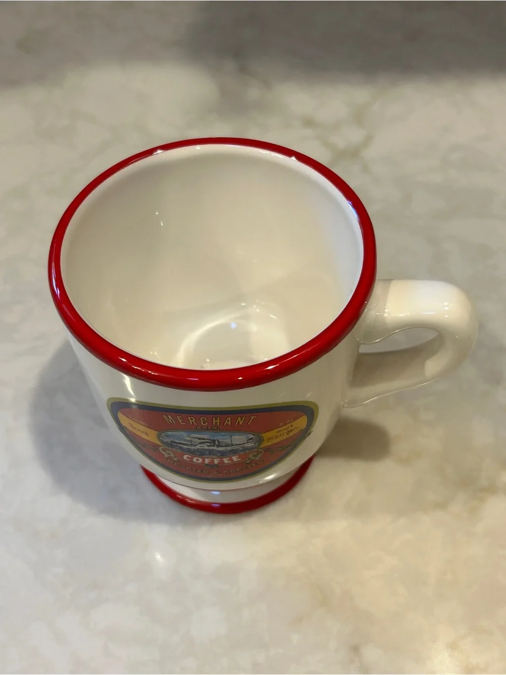 Williams Sonoma “Merchant Coffee Brand” Coffee Mug with Red Rim- EUC